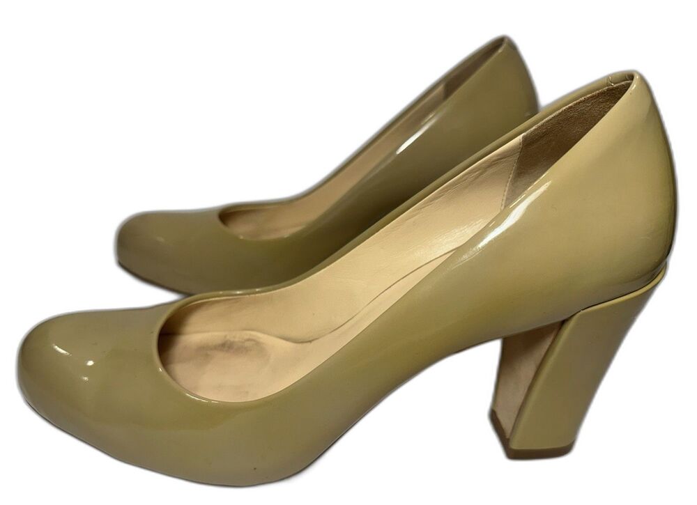 Cole Haan Patent Leather Pumps Womens 8.5 Block Heel Neutral Chartreuse